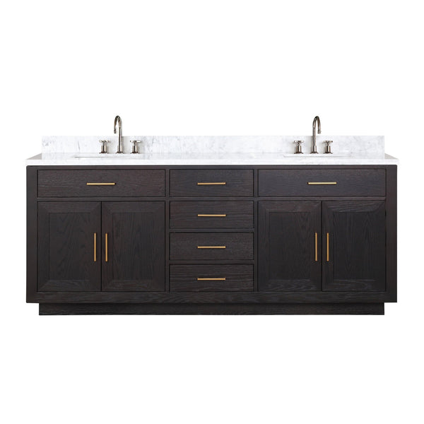 English Elm Black Oak Double Bath Vanity 80" W x 22" D with Carrara Marble Top, Chrome Gooseneck Faucets, Soft-Close cabinetry B2731P260864