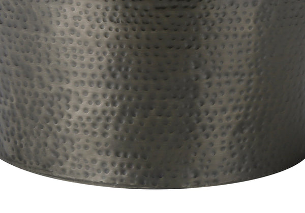 English Elm Accent Drum End Table with Hammered Metal Finish — 22" Handcrafted Cone Shape for Chic Living Spaces Silver 23 L x 23 W x 26 H B2710P219456