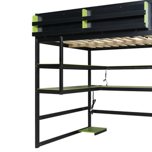English Elm Full Size Gaming Loft Bed with Rgb Lights Wraparound Shelves and Built-in Usb Ports Green LT000299AAF