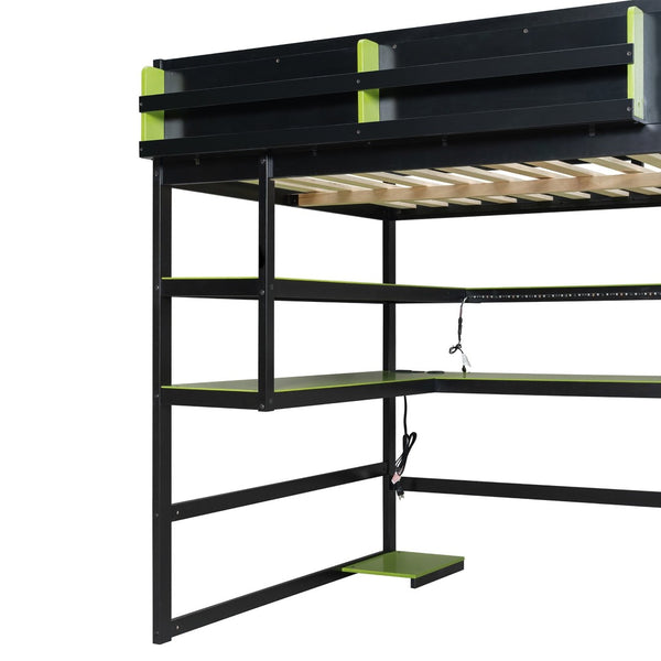 English Elm Full Size Gaming Loft Bed with Rgb Lights Wraparound Shelves and Built-in Usb Ports Green LT000299AAF