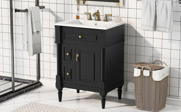 English Elm 24 Inch Freestanding Vanity with Ceramic Sink Rubberwood Frame Matte Finish Storage Black N725P356058B