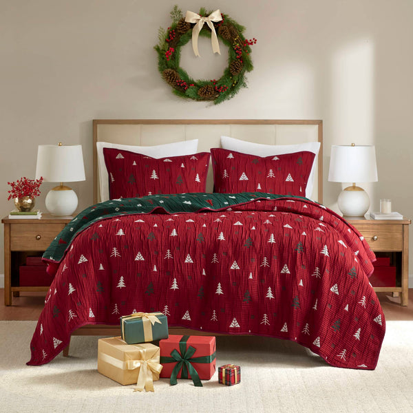 JLA Home Madison Park - Coverlet Festive Matelassé Reversible Jacquard with Trees & Snowflakes—Lightweight Cozy Holiday Layer 96 L x 106 W x 0.25H MP13-8813