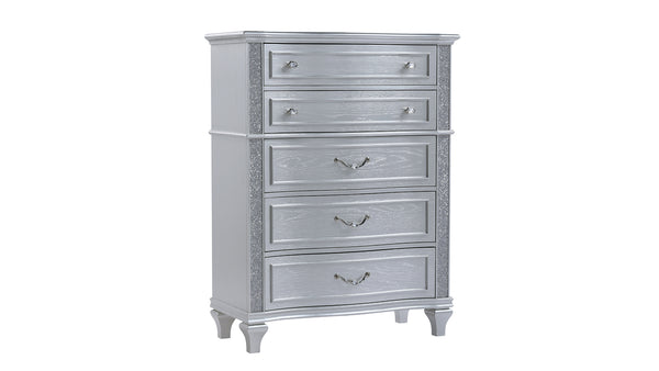 English Elm Mystic 5-Drawer Chest with Crystal Handles, Light Gray Wood Finish, Velvet-Lined Top Drawers, Stylish Storage B009P309548