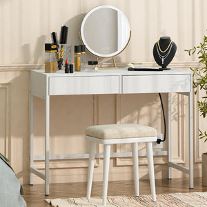 English Elm 40" Charging Station Desk with Built-In Outlets & USBs, 2 Drawers, Waterproof MDF, Compact Elegance White T3771P370772