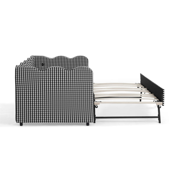 English Elm Cozy Twin Gingham Daybed with Trundle Sofa Bed, Linen Upholstery, USB Port, Wave Frame Design Black W1413S00102