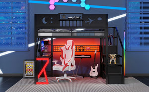 English Elm Metal Full Loft Bed with L Shaped Desk Wardrobe Rgb Lighting and Usb Charging W2593S00062