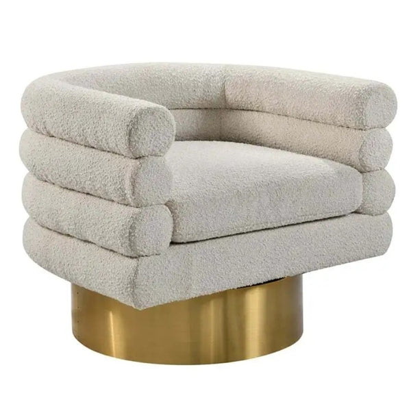 English Elm Modern Boucle Upholstered Barrel Swivel Chair with Brushed Gold Base for Living Room Cream B011P426602