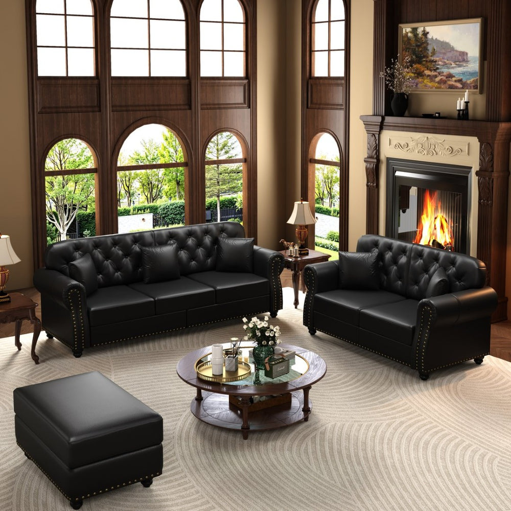 English Elm Upholstered Faux Leather Chesterfield Sofa with Button Tufting Nailhead Trim and Pillows Black W1885S00436