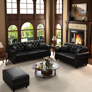 English Elm Upholstered Faux Leather Chesterfield Sofa with Button Tufting Nailhead Trim and Pillows Black W1885S00436