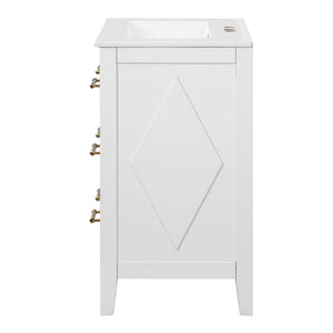 English Elm 24'' Bathroom Vanity with Ceramic Sink and 3 Drawers Retro Solid Wood Frame Freestanding Storage White N710P371184K