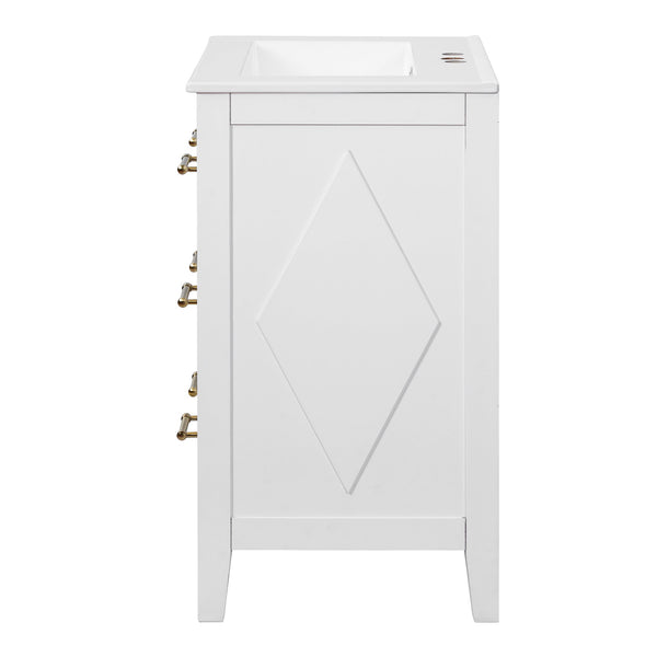 English Elm 24'' Bathroom Vanity with Ceramic Sink and 3 Drawers Retro Solid Wood Frame Freestanding Storage White N710P371184K