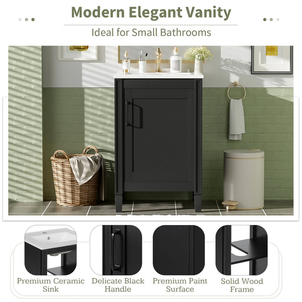 English Elm 20" Black Bathroom Vanity with Ceramic Sink, Soft-Close Door, U-Shaped Adjustable Shelf & Door Racks N729P299364B