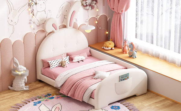 English Elm Twin Rabbit-Shape Upholstered Princess Bed with Headboard & Footboard, Sturdy Slat Platform, Durable MDF Frame White 42.91 L x 34.65 W x 6.5 H N733P198764K