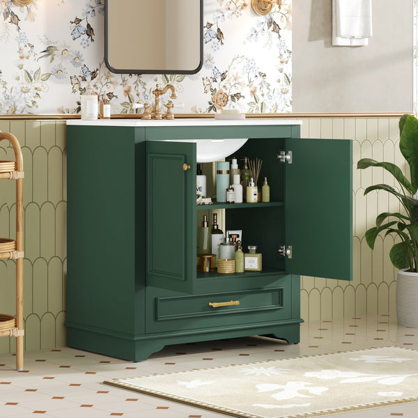 English Elm 30" Elegant Bathroom Vanity with Ceramic Sink, French-Inspired Compact Cabinet with Drawer & Shelf Green N710P317676F