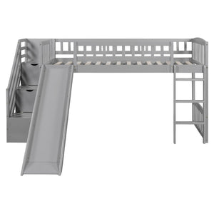 English Elm Stairway Twin Loft Bed with Storage Staircase Slide and Guardrails for Kids Gray LT000515AAE-1