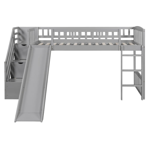 English Elm Stairway Twin Loft Bed with Storage Staircase Slide and Guardrails for Kids Gray LT000515AAE-1