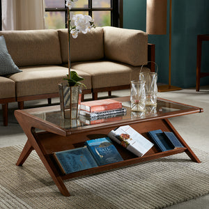 JLA Home INK+IVY - wood Mid-Century Tempered Glass Coffee Table with Angled Base, Open Shelf, Warm Finish — 42" wide IIF17-0045