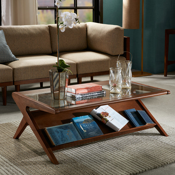JLA Home INK+IVY - wood Mid-Century Tempered Glass Coffee Table with Angled Base, Open Shelf, Warm Finish — 42" wide IIF17-0045