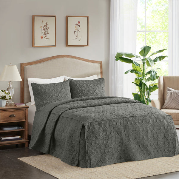 JLA Home Madison Park - 3 Madison Park Quebec Quilted Bedspread Set with Split-Corner Pleats, Box Stitching, Antimicrobial Freshness Dark Grey MP13-6475