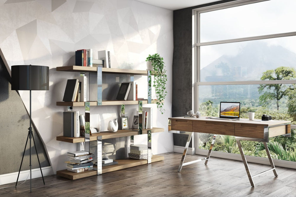 VIG Furniture Brewer Modern Walnut Veneer Bookshelf With Stainless Steel Frame, Tempered Glass Back Panels, 4-Tier Display (70.75" W) VGBBMQ2001SF-SHELF