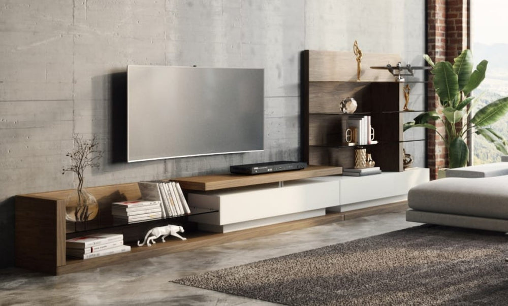VIG Furniture Jefferson Walnut & White High-Gloss Mid-Century Entertainment Center With Glass Shelves, Soft-Close Drawers, Reversible Configuration VGBB662N-WAL