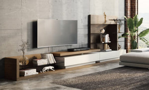 VIG Furniture Jefferson Walnut & White High-Gloss Mid-Century Entertainment Center With Glass Shelves, Soft-Close Drawers, Reversible Configuration VGBB662N-WAL