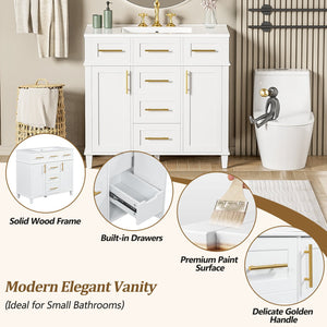 English Elm 36" White Bathroom Vanity Cabinet with Ceramic Sink, Gold Handles, Soft-Close Drawers & Adjustable Shelf N729P204177K