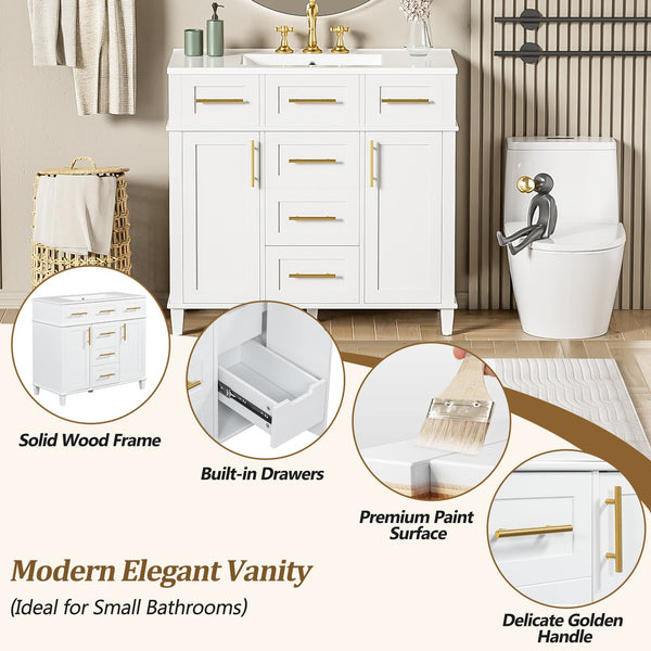 English Elm 36" White Bathroom Vanity Cabinet with Ceramic Sink, Gold Handles, Soft-Close Drawers & Adjustable Shelf N729P204177K