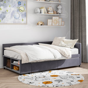 English Elm Twin Velvet L-Shaped Upholstered Platform Bed with Plush Headboard, Hidden Drawers & Cabinet Storage Gray SF000182AAE