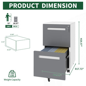 English Elm 2-Drawer Mobile File Cabinet with Lock, Heavy-Duty Steel, Full-Extension Drawers, 360° Casters, Gray T2398P391278