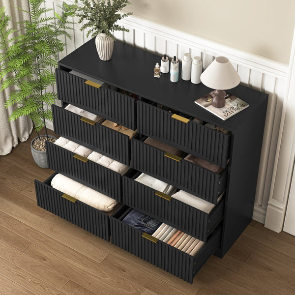 English Elm Modern Six Drawer Chest with Wavy Textured Fronts Sleek Matte Storage for Any Room Black W409P307537