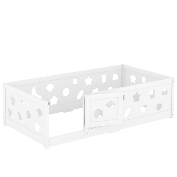 English Elm Twin Floor Bed with Safety Guardrails & Door in White — Solid Poplar Frame, Low Profile, Kids' Cozy Hideaway W1820P240540