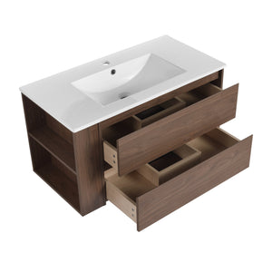 English Elm 36" Wall Mount Bathroom Vanity With High-Quality Ceramic Sink & Soft-Close Drawers For Storage W999S00143