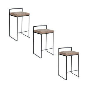 English Elm Fuji 26" Stackable Counter Stool Set Of 3 - Black Metal Frame With Cozy Brown Cowboy Fabric Cushions B202P221937