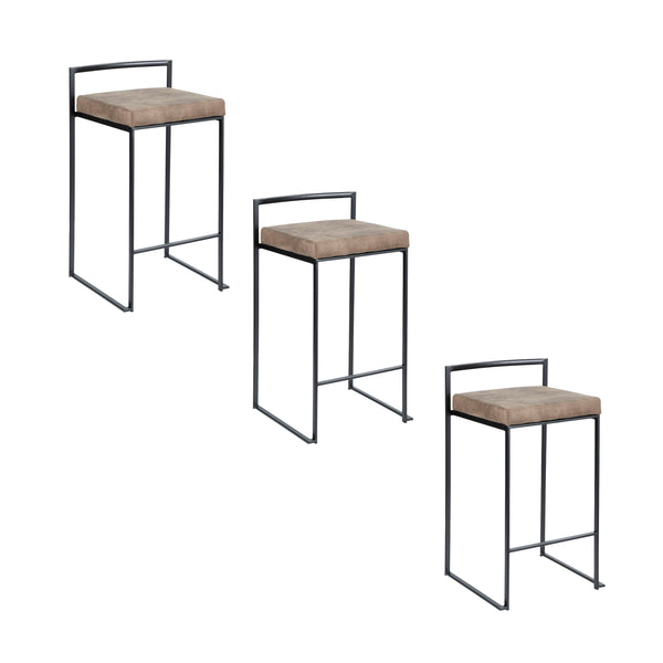 English Elm Fuji 26" Stackable Counter Stool Set Of 3 - Black Metal Frame With Cozy Brown Cowboy Fabric Cushions B202P221937