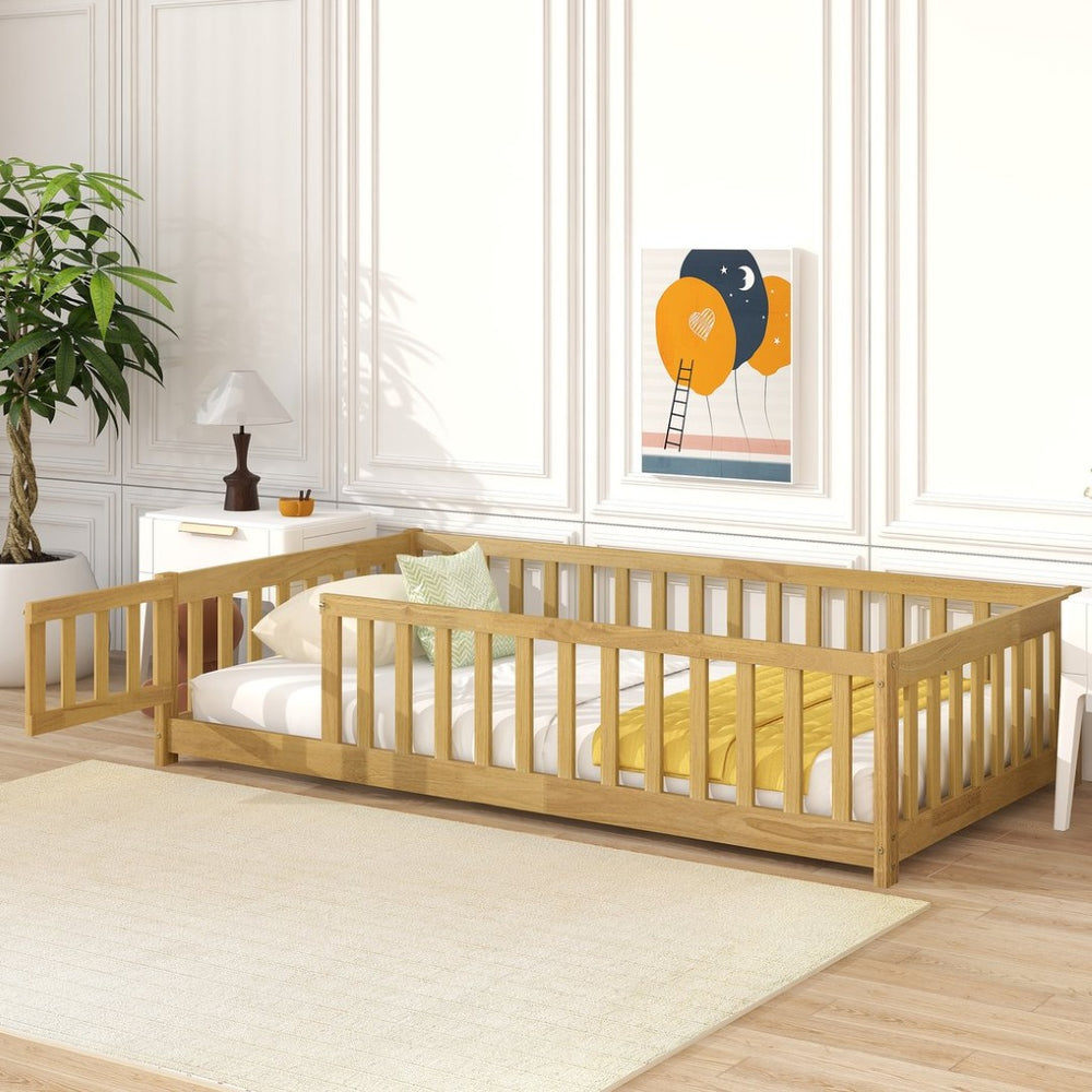 English Elm Twin Size Rubberwood Floor Bed with Safety Fence for Toddler Rooms Natural Finish W504P370531
