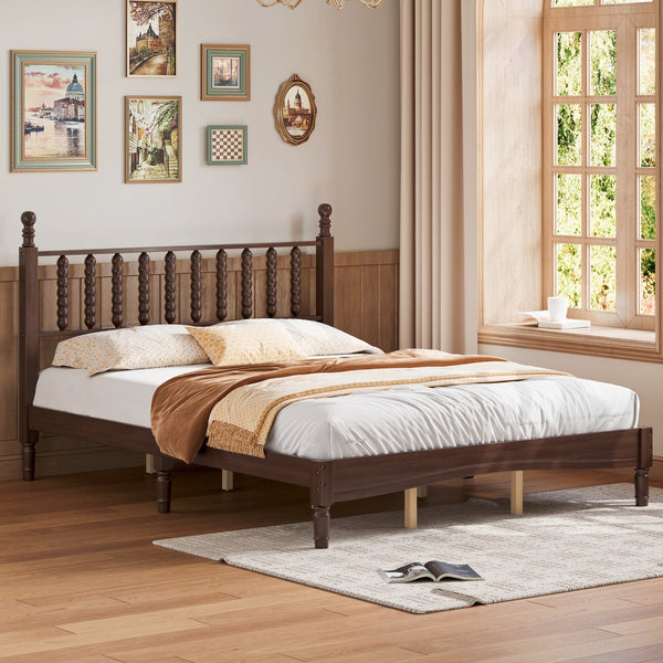 English Elm Queen Wood Platform Bed with Gourd-Shaped Headboard, Retro-Inspired Solid Frame, Slat Support, Sturdy Elegance Walnut 64.8 L x 17.5 W x 9.5 H N733P206242D