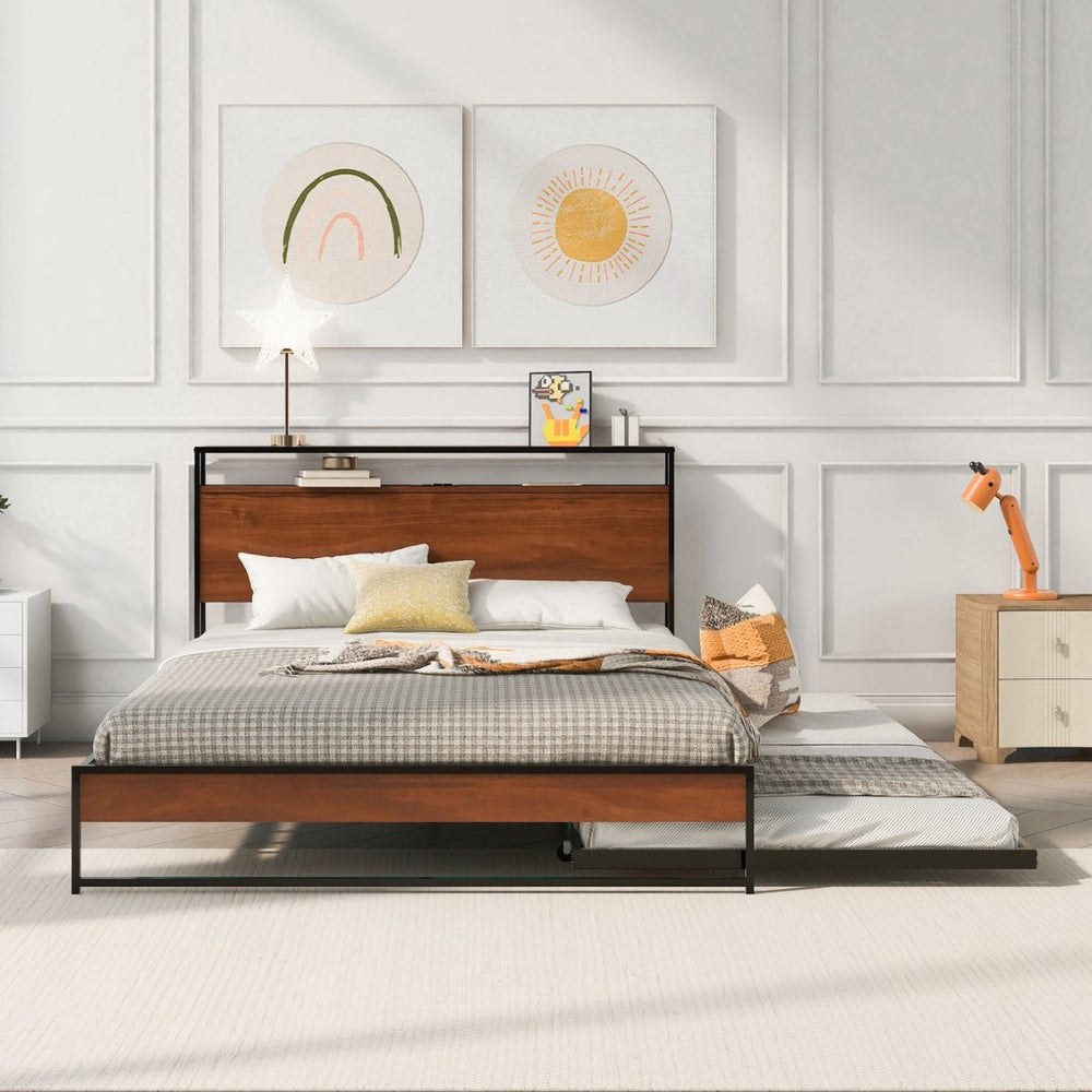 English Elm Queen Steel Platform Bed with Trundle Headboard Shelves and Built-in Usb Charging N708P477431B