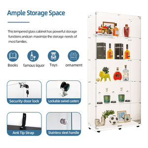English Elm Tempered Glass Display Cabinet With Bluetooth Led Lights, Lockable Door, & Smooth Rolling Casters W3155S00010-GIGA