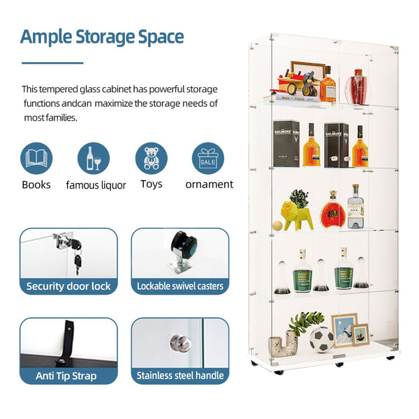 English Elm Tempered Glass Display Cabinet With Bluetooth Led Lights, Lockable Door, & Smooth Rolling Casters W3155S00010-GIGA