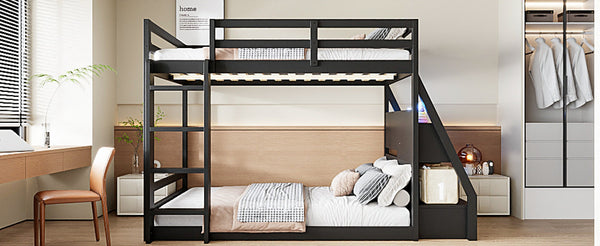English Elm Full Bunk Bed with App Led Lighting Usb Charging Storage Drawers Kids Bedroom Black N820S00080B
