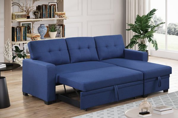 English Elm Convertible Upholstered Sectional Sofa with Pull-out Chaise Sleeper and Storage Blue B2730S00006