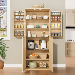 English Elm 72" Fluted Pantry Cabinet Tall Freestanding Kitchen Organizer with Sculpted Wood Doors Oak W1820P379274