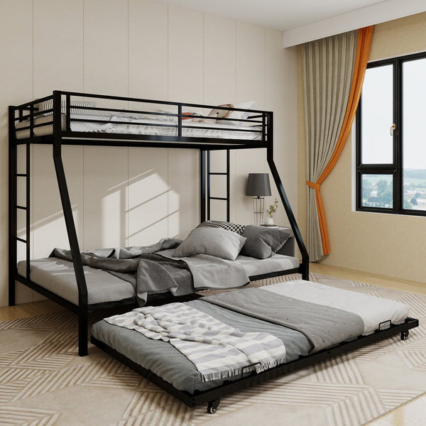 English Elm High Stability Square Tube Bunk Bed With Rolling Trundle & Ladder - Modern Black Design For Space-Saving W1935P360871