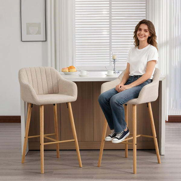 English Elm Modern Linen Upholstered Barstools with Oak Legs Armrests and Footrest for Kitchen Islands Beige W395P396313