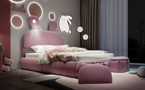 English Elm Full Pink Velvet Platform Bed Cartoon Ear Headboard Led Light Storage Stools N709P195300H-1