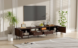 English Elm 78 Inch Walnut Media Console with Slatted Doors Iron Legs and Cable Management N710P373605Q