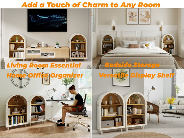 English Elm Arched Bookcase Set of 2 Three Tier Mdf Shelving with Warm Woodgrain Accent W2557P475972