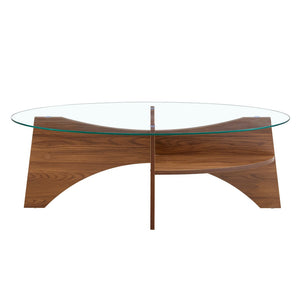 English Elm Oval Tempered Glass Coffee Table with Wood Grain Legs and Built-in Fan Tray Shelf W1151P256008