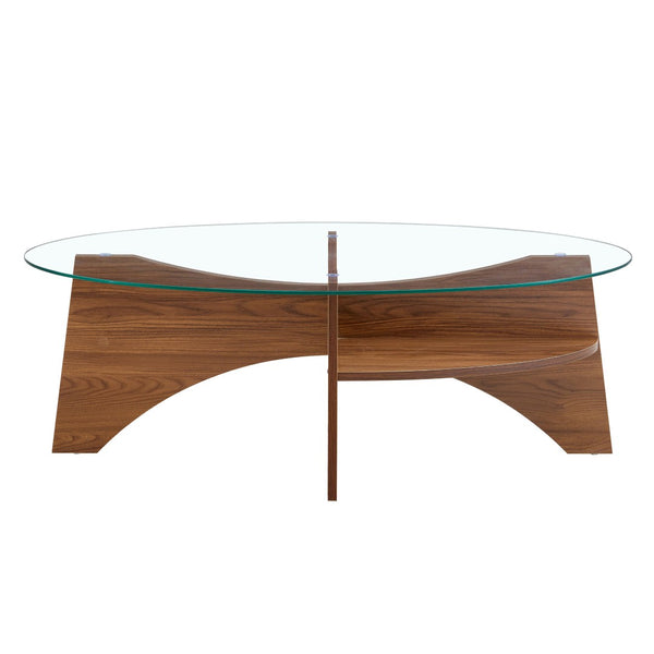 English Elm Oval Tempered Glass Coffee Table with Wood Grain Legs and Built-in Fan Tray Shelf W1151P256008